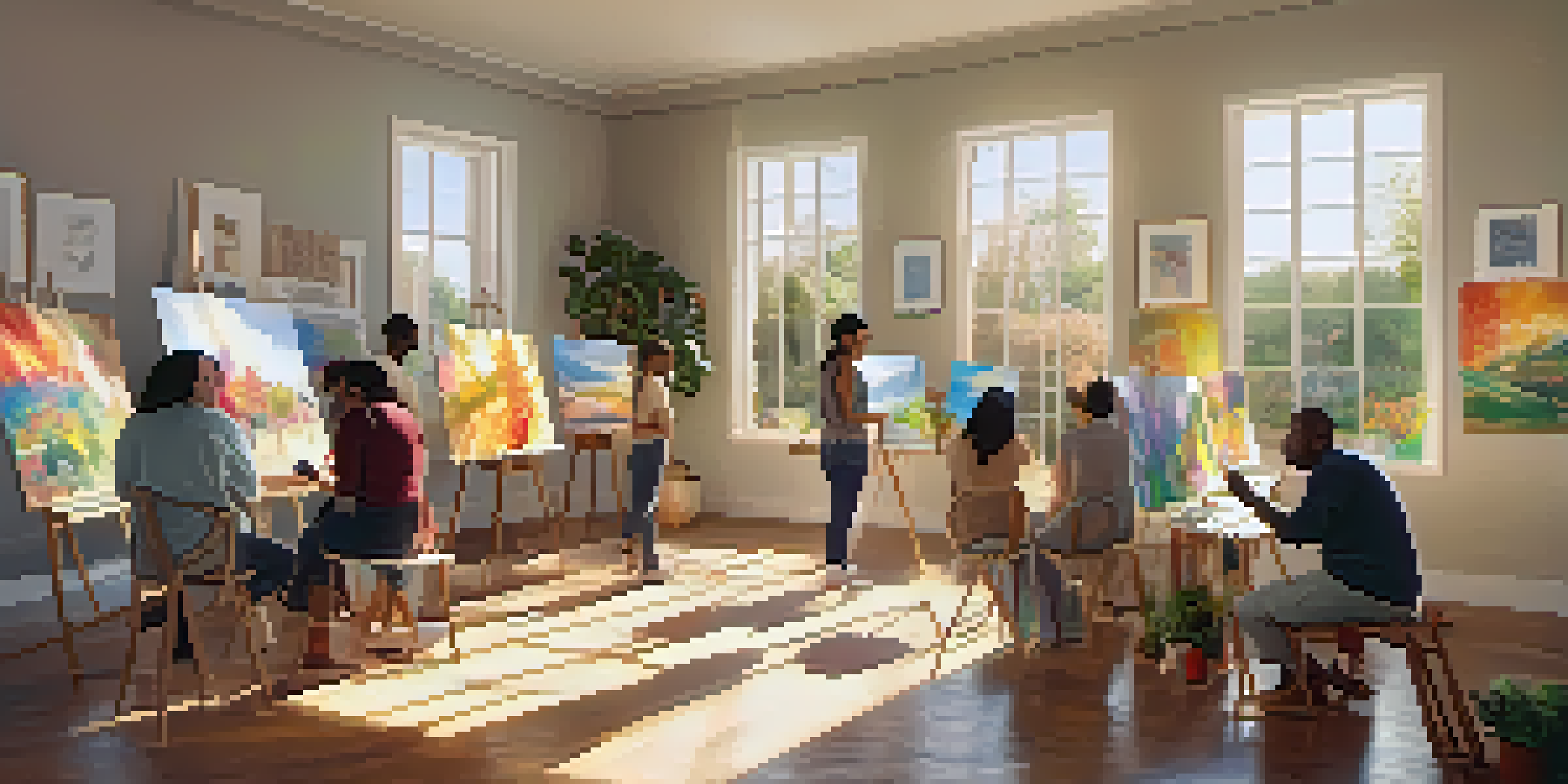 A cozy art therapy session with diverse individuals painting in a sunlit room, surrounded by colorful artworks and plants.