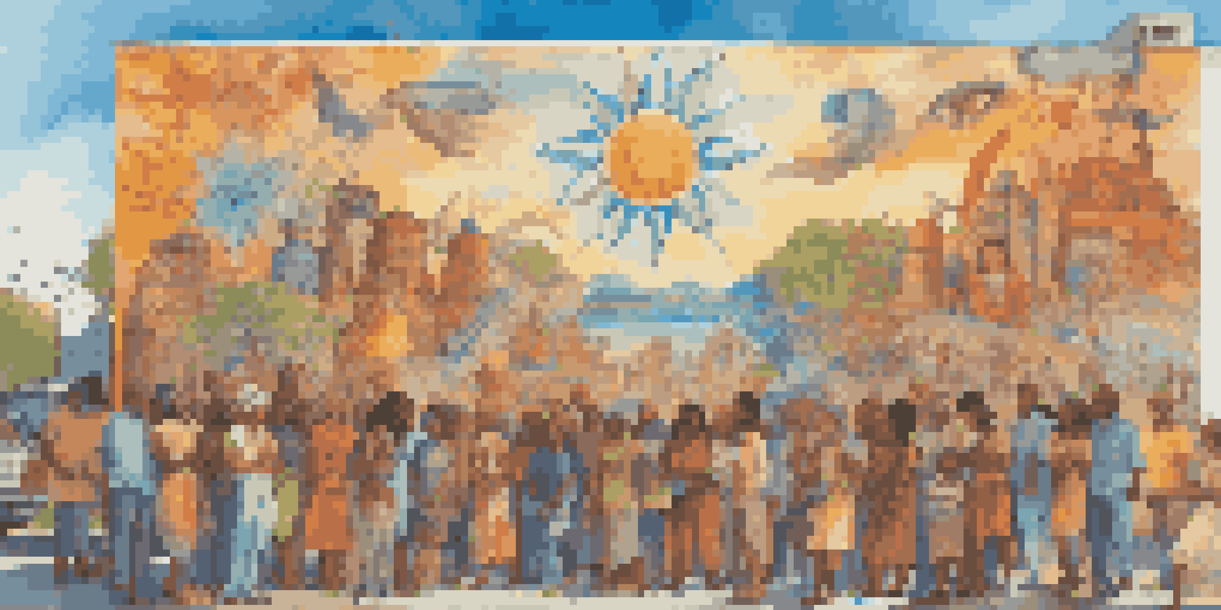 A colorful mural illustrating a diverse group of people working together on an art project, surrounded by cultural symbols.