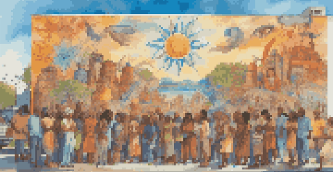 A colorful mural illustrating a diverse group of people working together on an art project, surrounded by cultural symbols.