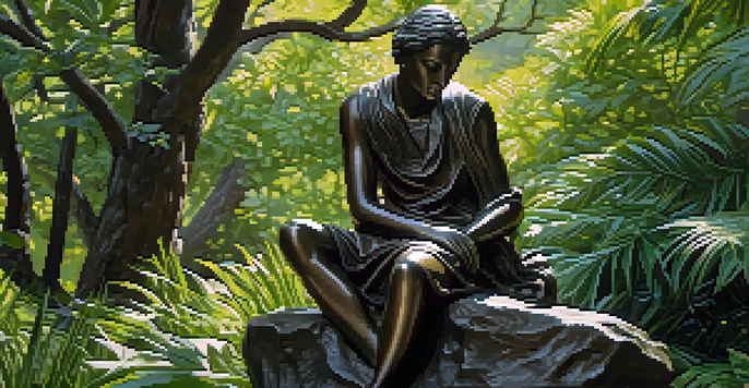 A bronze sculpture of a thoughtful figure sitting on a rock amidst greenery, with sunlight filtering through trees.