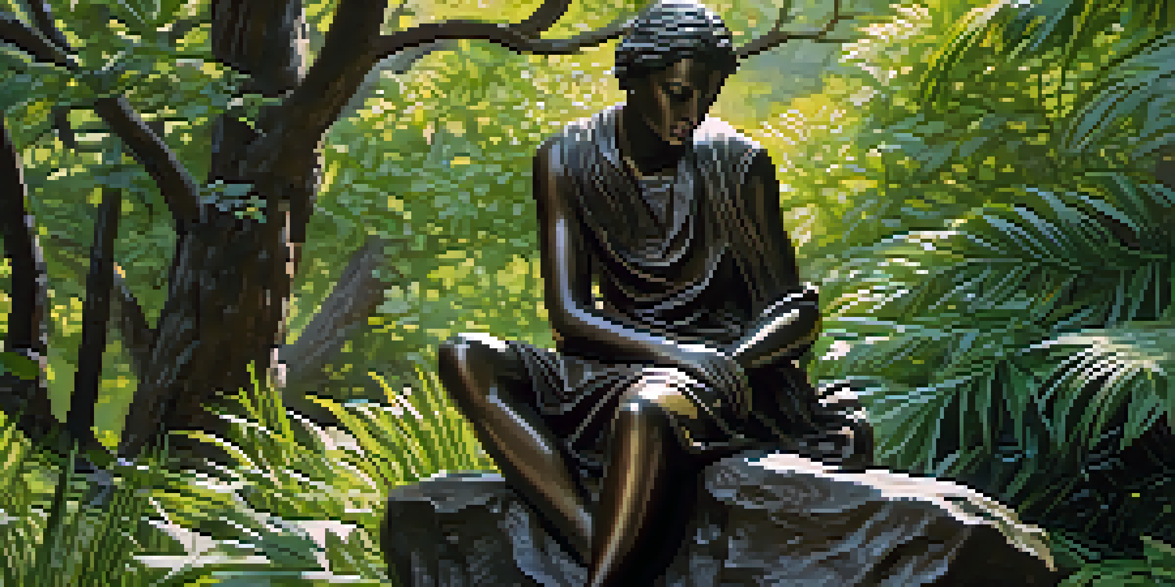 A bronze sculpture of a thoughtful figure sitting on a rock amidst greenery, with sunlight filtering through trees.
