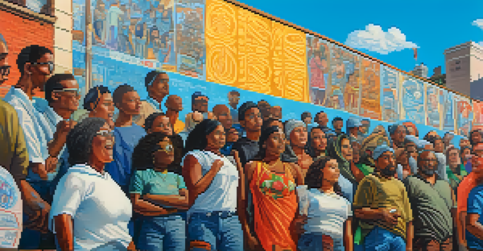 A colorful mural showing diverse individuals participating in a peaceful protest with banners and messages of hope.