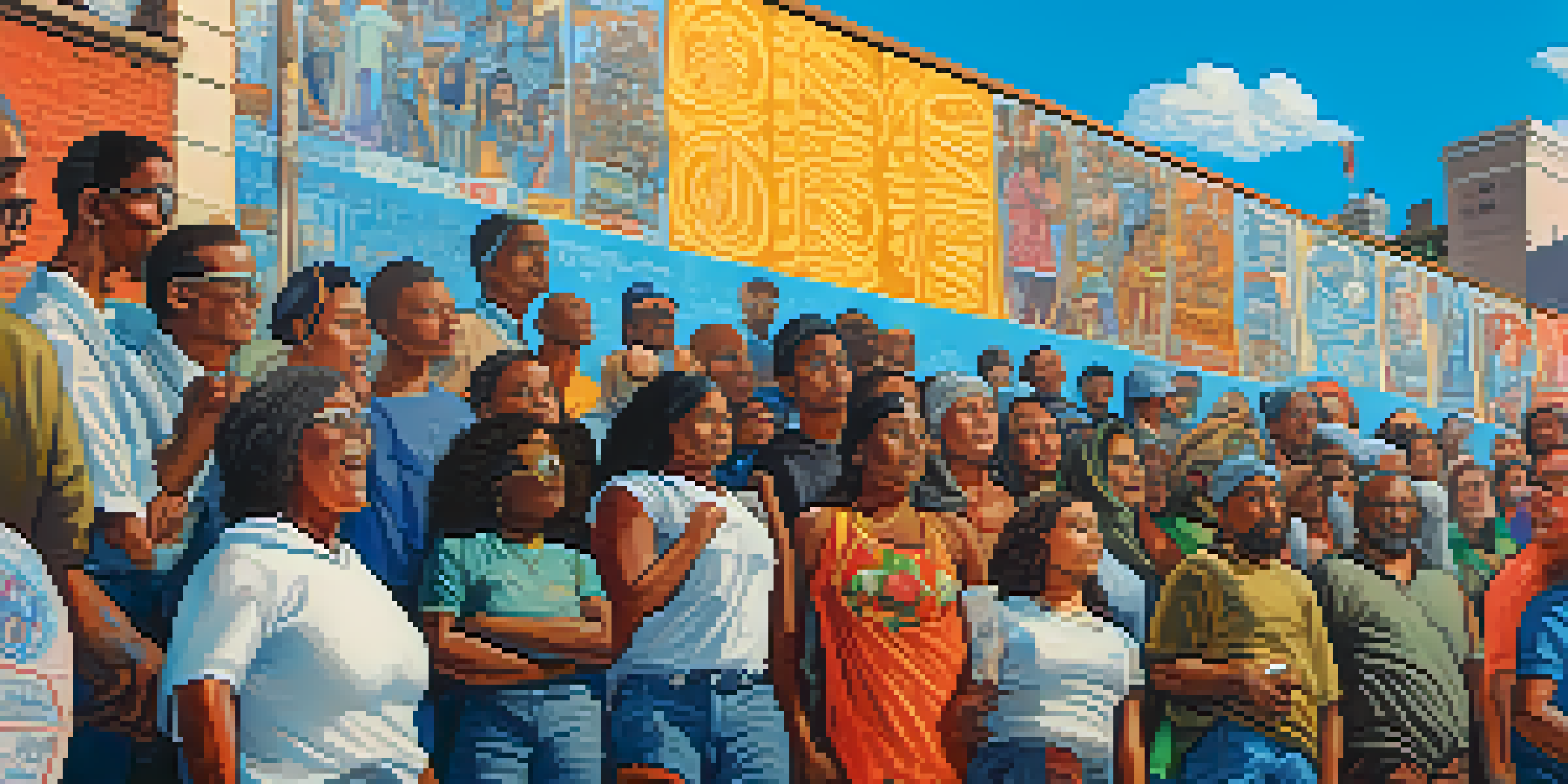 A colorful mural showing diverse individuals participating in a peaceful protest with banners and messages of hope.