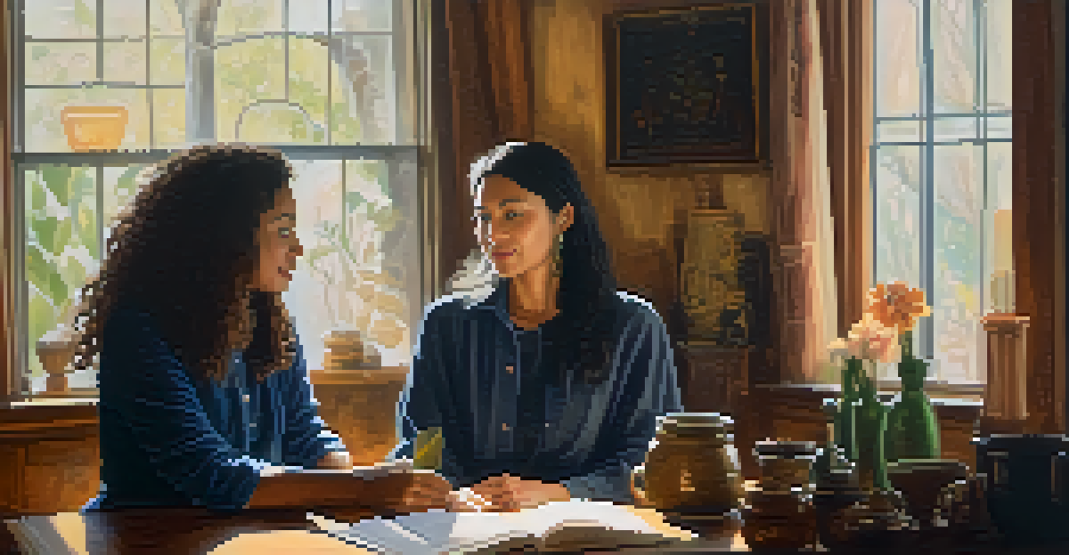 A female filmmaker interviewing a community leader in a cozy room filled with cultural artifacts, showcasing an intimate and authentic exchange.