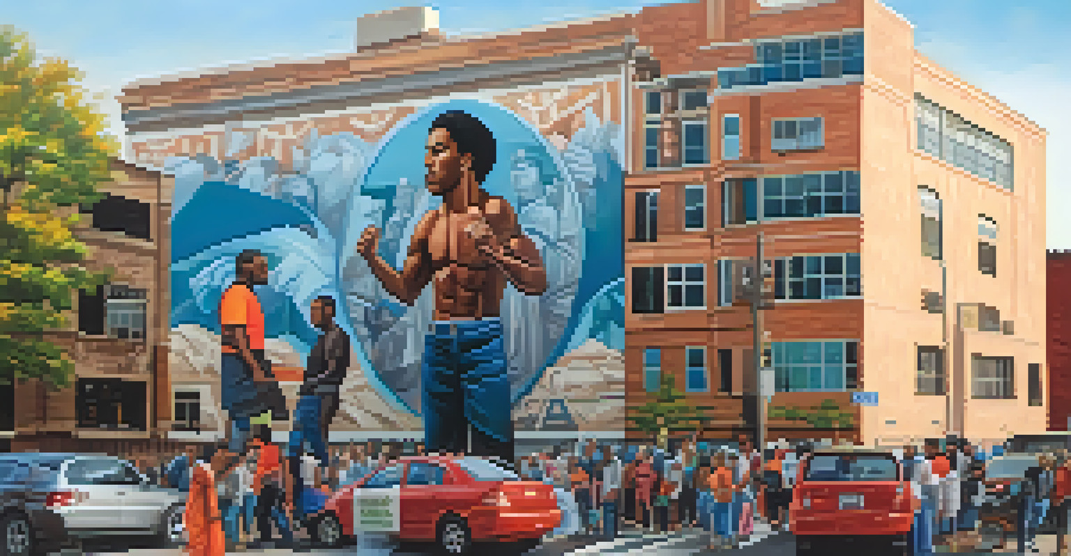A contemporary mural in an urban setting depicting a worker raising a fist, with symbols of peace and unity around, bathed in evening light.