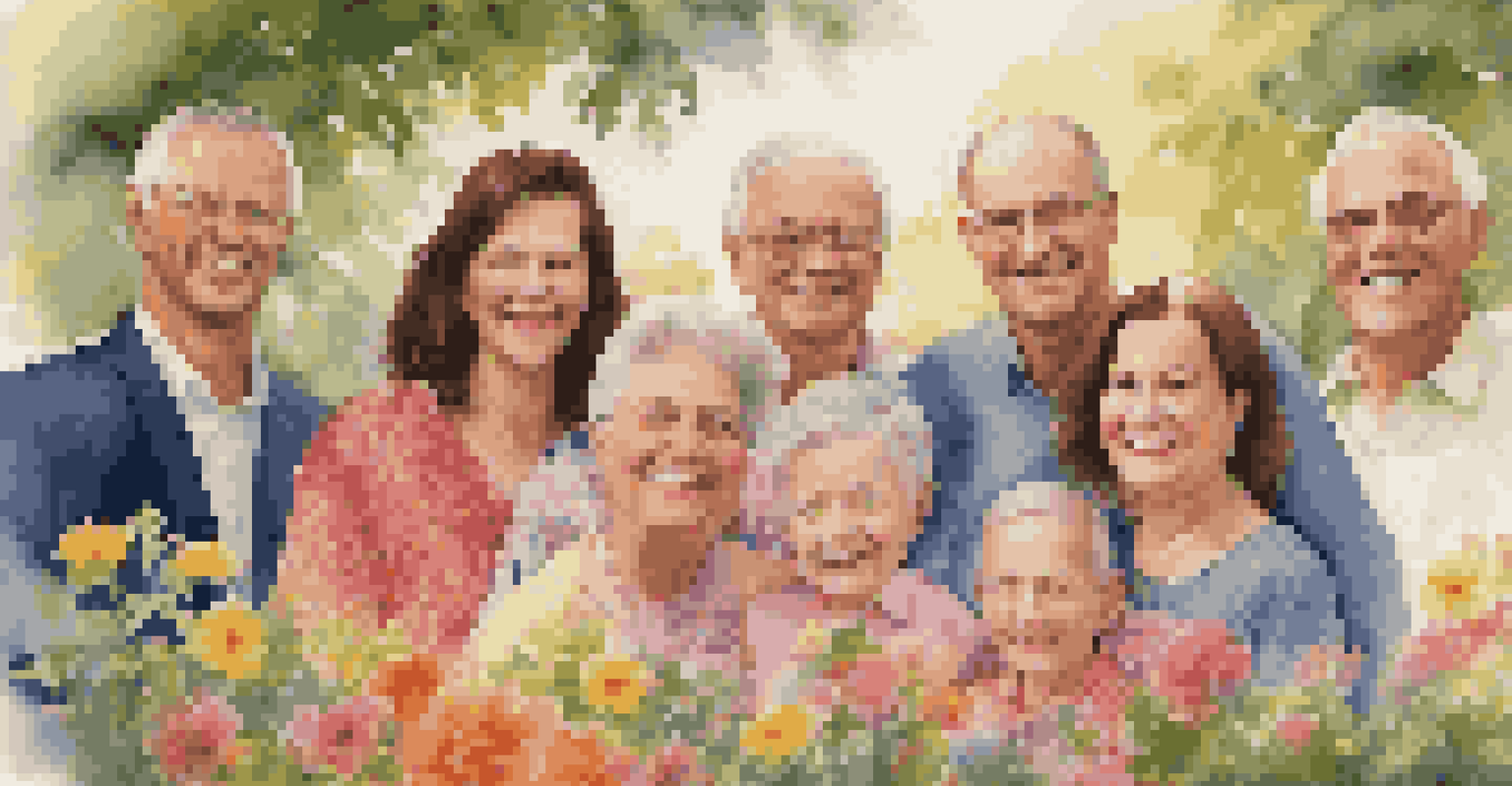 A joyful family reunion in a sunny garden, with diverse members smiling and colorful attire.