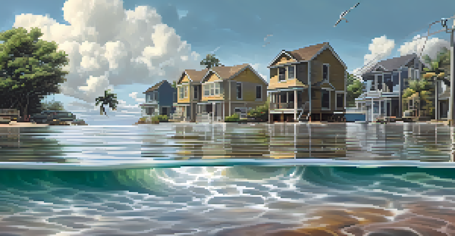 A virtual village with houses partially underwater due to rising sea levels, depicting an urgent environmental issue with a stormy sky.