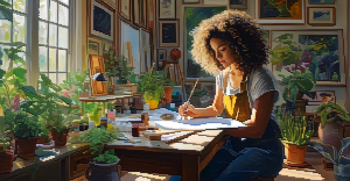 A woman in an art studio painting a colorful landscape on a canvas with natural light streaming in.