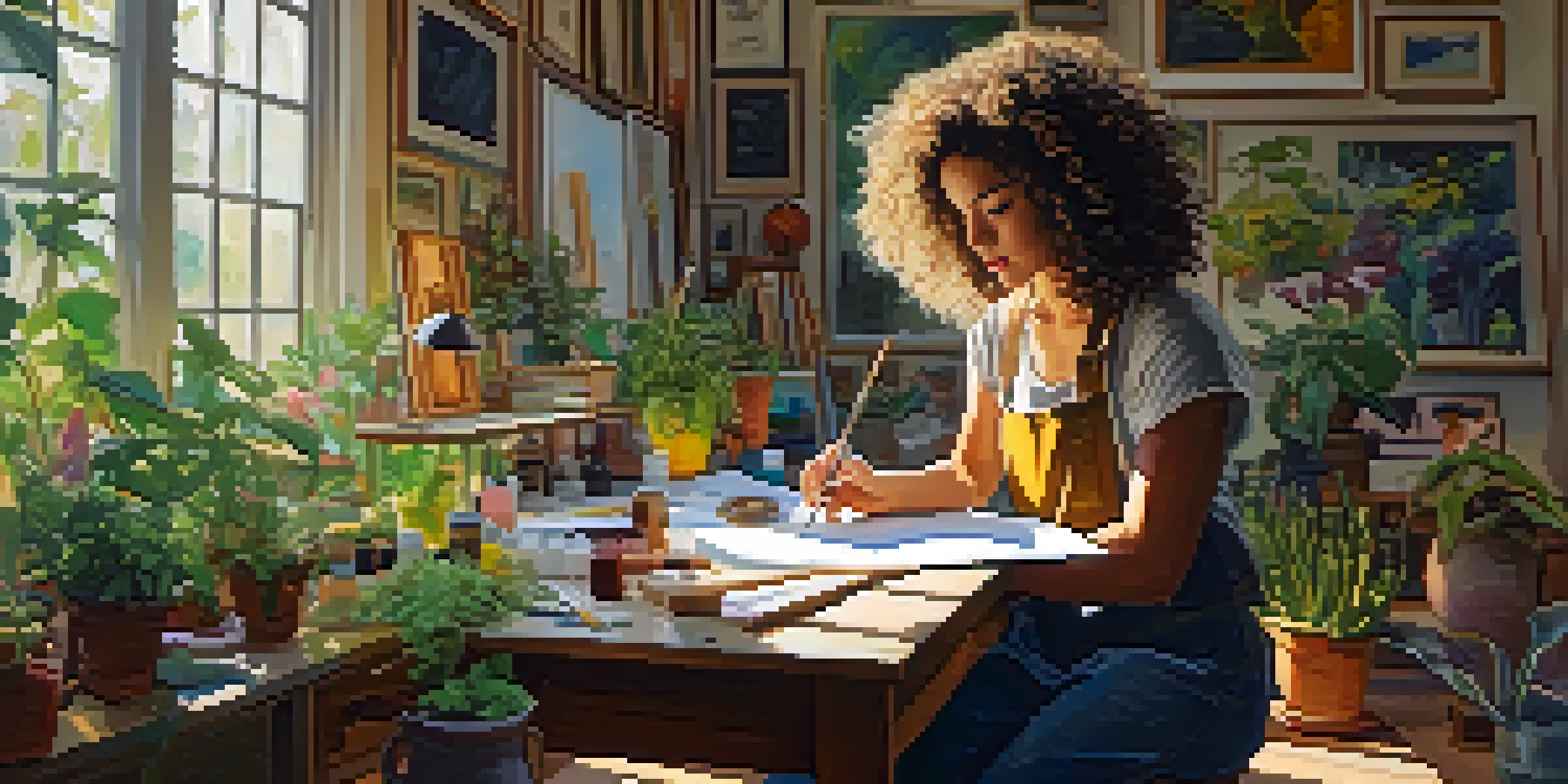 A woman in an art studio painting a colorful landscape on a canvas with natural light streaming in.