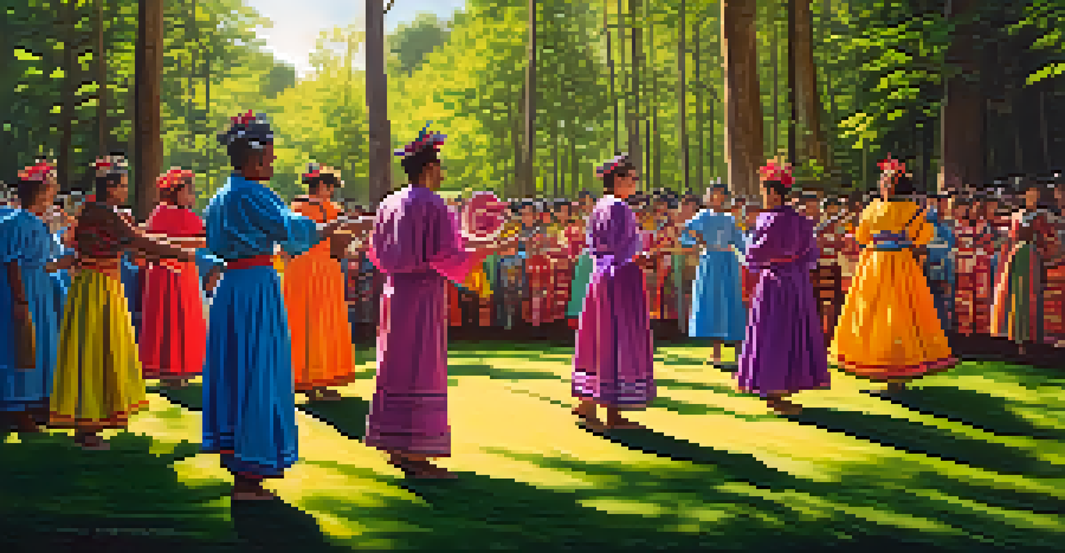 Outdoor performance art with artists in colorful costumes reenacting a folklore story in a forest setting, capturing dynamic movement and expressions.