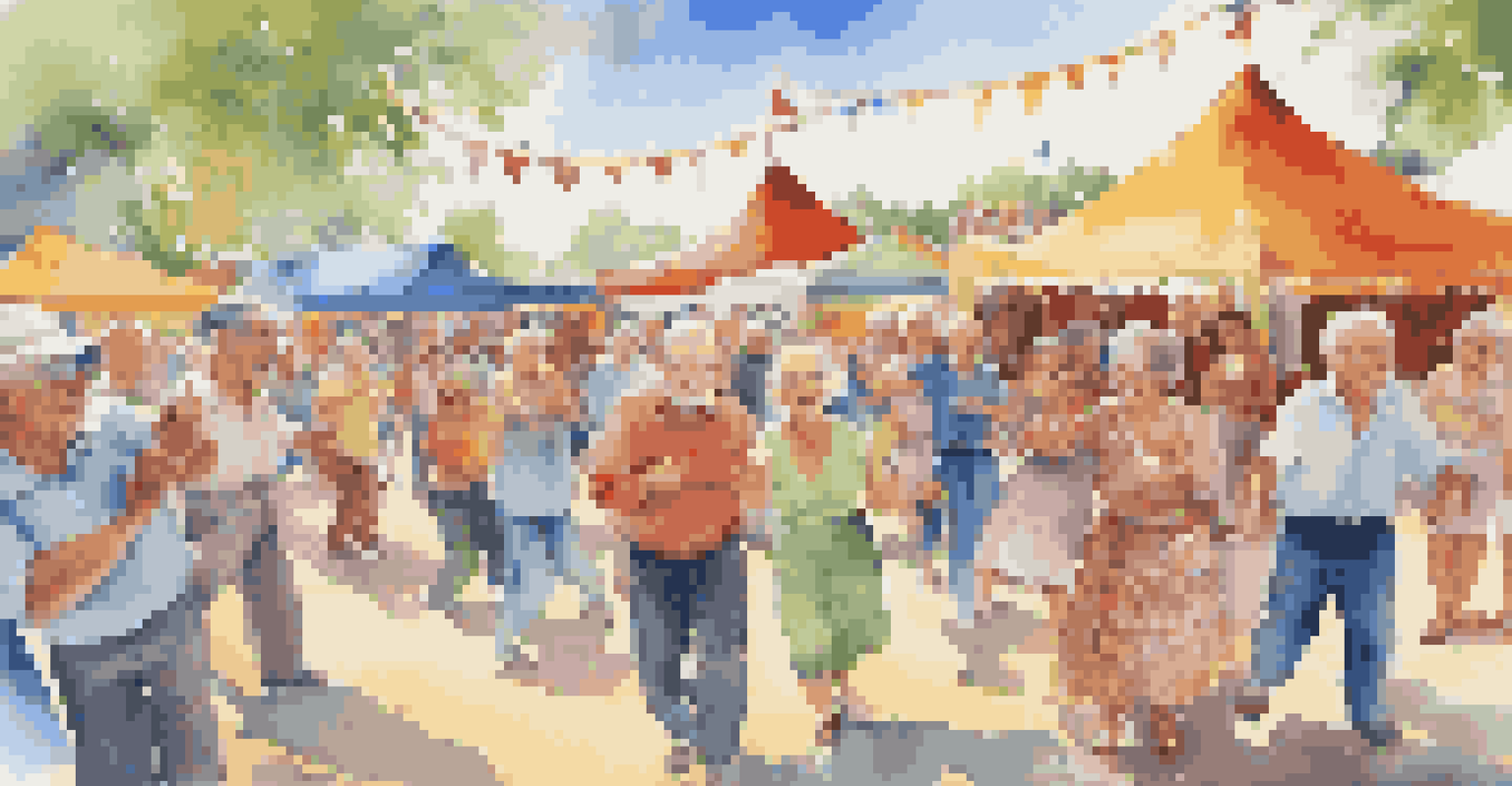 Seniors enjoying a lively outdoor music festival, dancing with colorful tents in the background and a clear blue sky above.