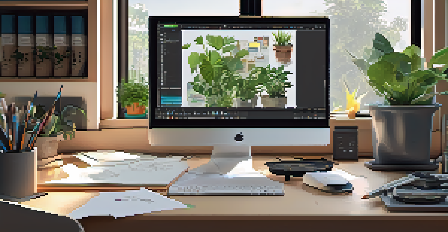 An artist's workspace with a digital tablet, computer, and sketches in a cozy, well-lit room.