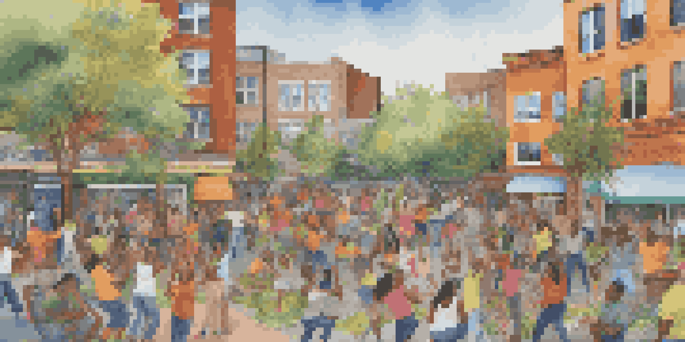 A colorful mural featuring diverse people creating art together in a bright urban setting with flowers and greenery.