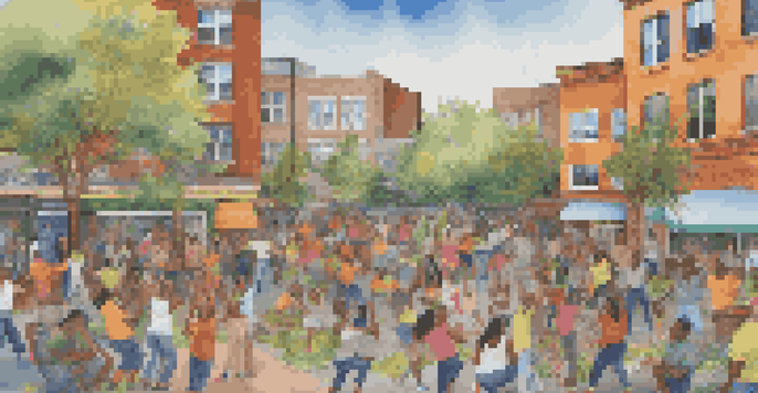 A colorful mural featuring diverse people creating art together in a bright urban setting with flowers and greenery.