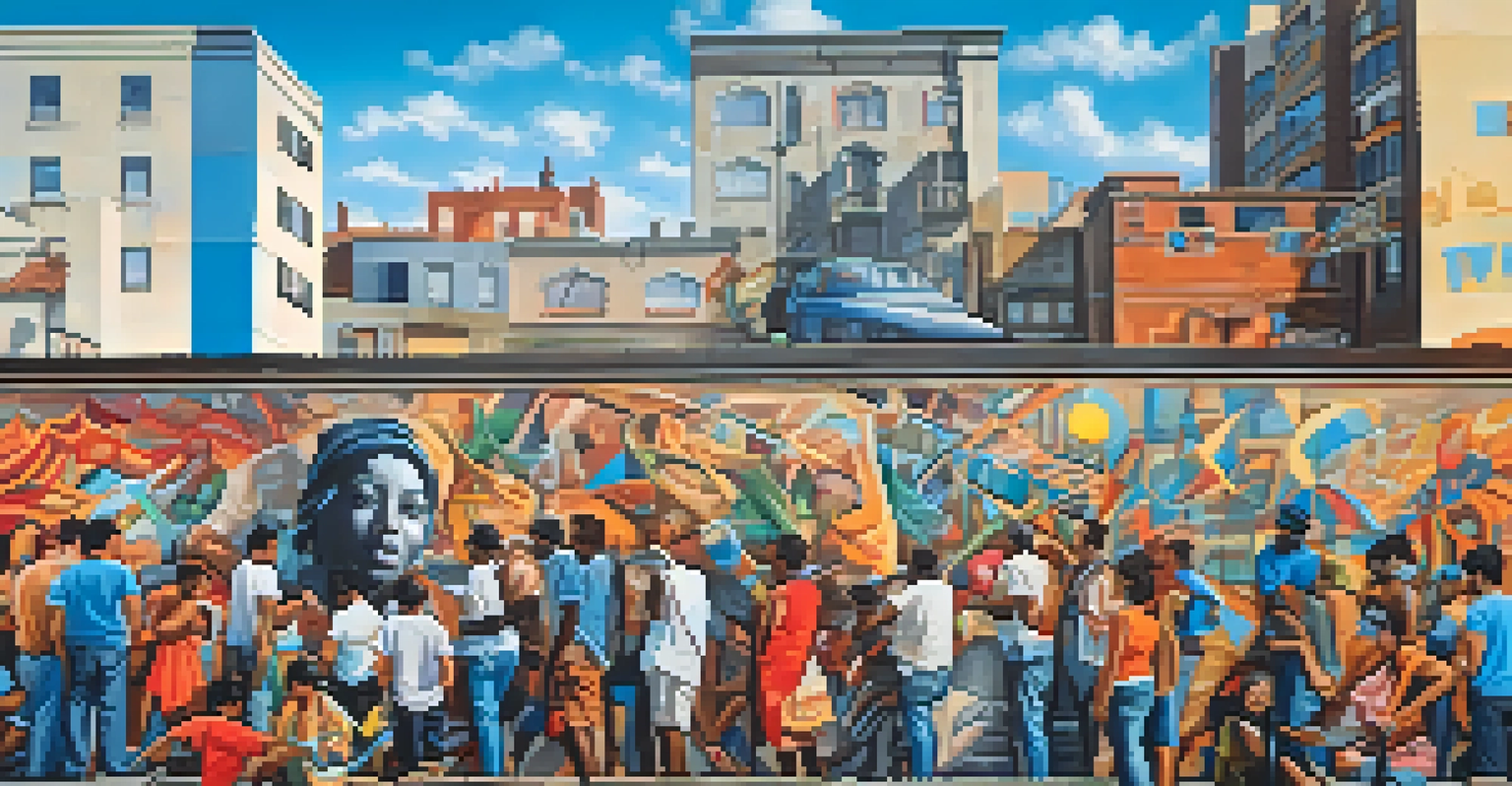 A colorful street art mural conveying a social message, with diverse people interacting around it under a bright sky.