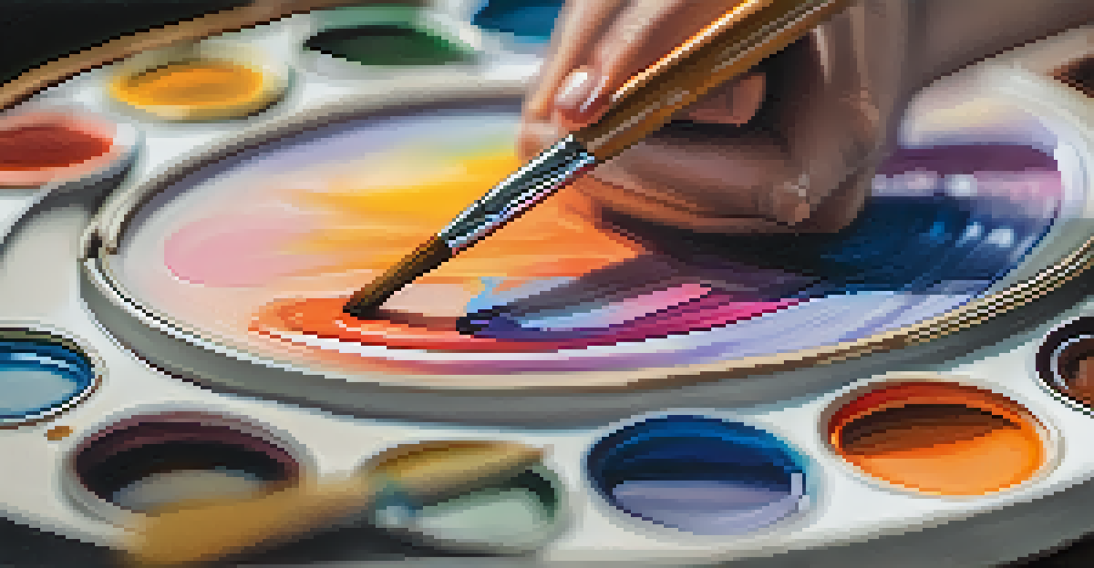 A close-up of a hand applying paint to a watercolor painting with vibrant colors in the background.
