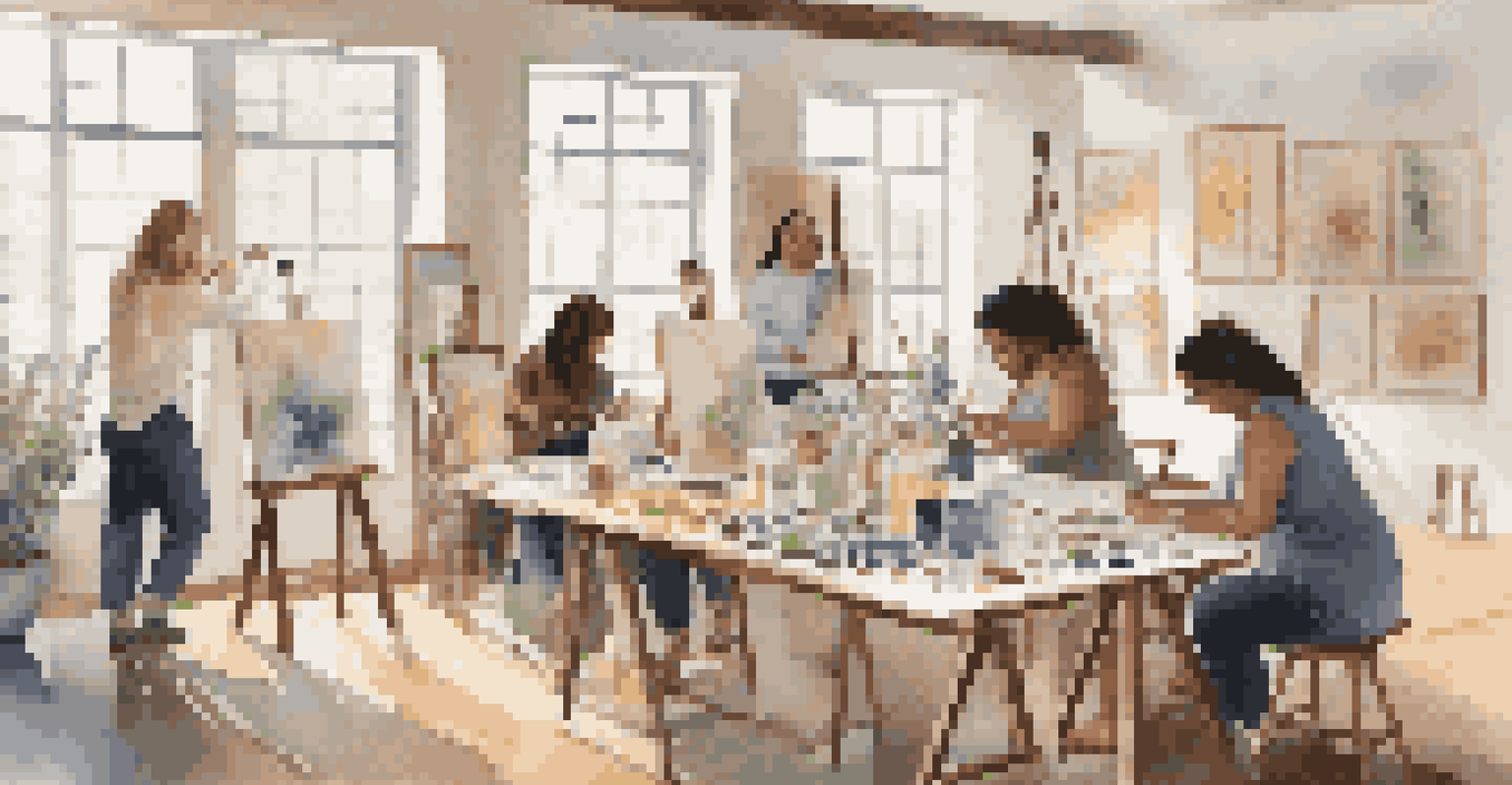 A peaceful art therapy session with individuals painting and expressing emotions in a cozy studio.