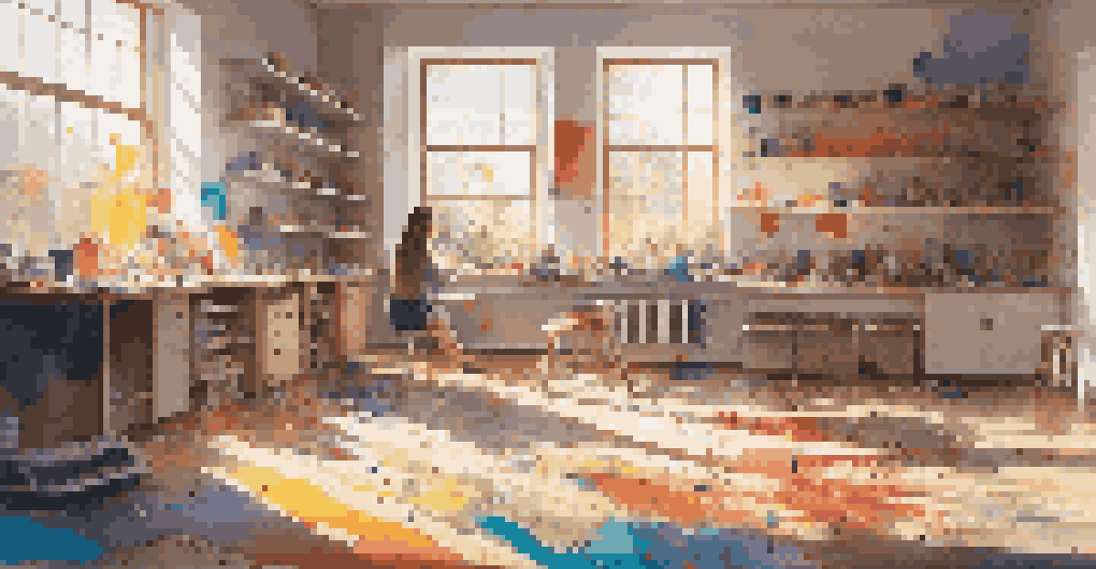 An artist joyfully creating abstract art in a colorful studio filled with paint splatters and sunlight.