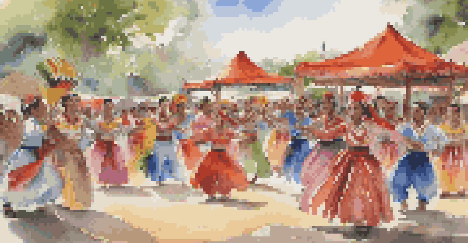 Performers in traditional attire dancing at an outdoor cultural festival, surrounded by nature and community members.