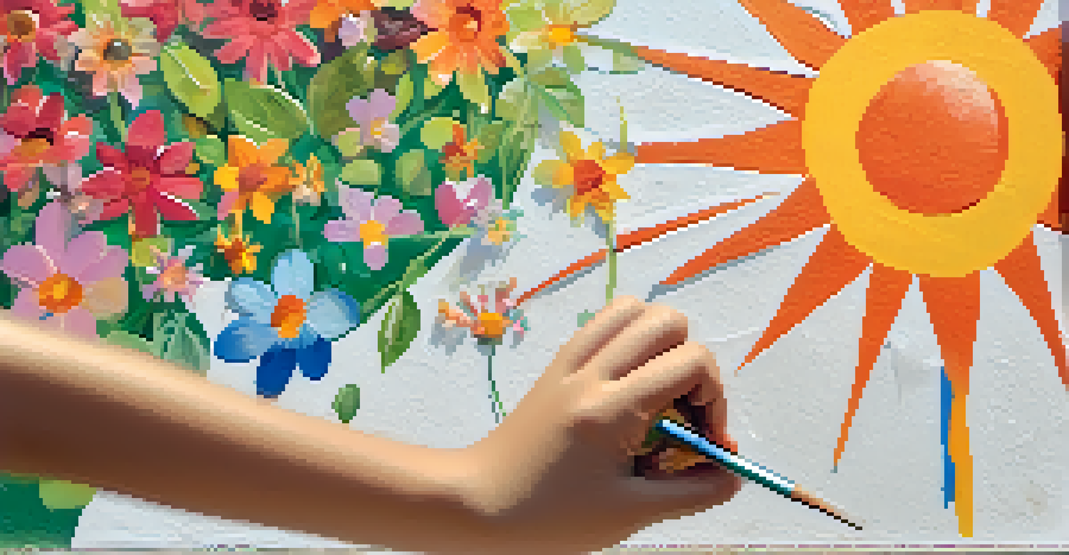 A child's hands painting a colorful mural depicting a hopeful landscape, showcasing joy and creativity.