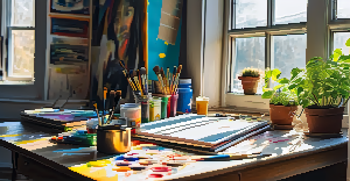 An artist's workspace with colorful paints and brushes, illuminated by sunlight, showcasing an unfinished painting and a sketchbook.