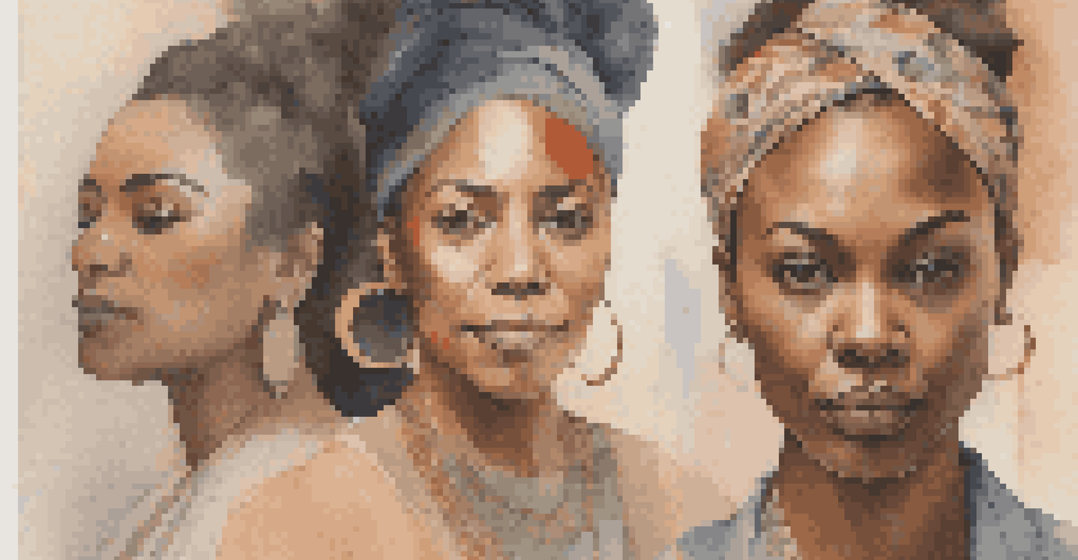 A collage of portraits of women artists from different ethnic backgrounds, surrounded by cultural motifs and soft pastel colors.