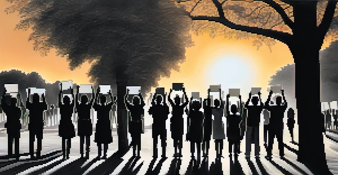 A peaceful protest scene at sunset with diverse individuals holding signs for social justice, illuminated by the warm glow of the setting sun.