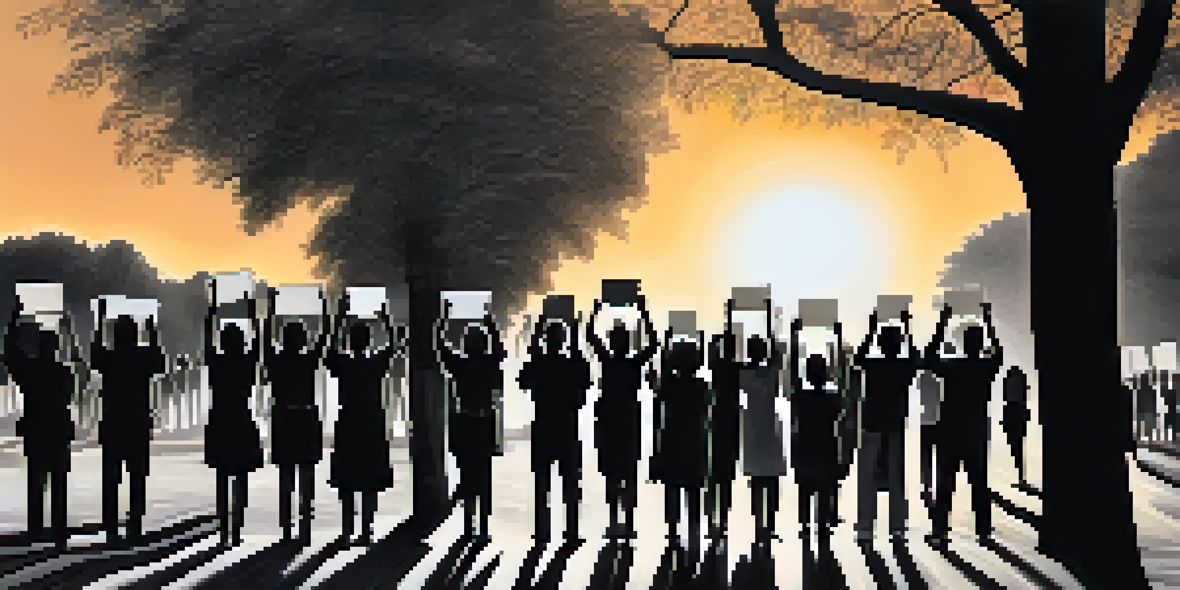 A peaceful protest scene at sunset with diverse individuals holding signs for social justice, illuminated by the warm glow of the setting sun.