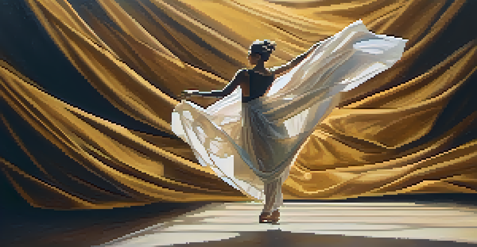 An older dancer performing gracefully on stage, illuminated by warm lighting and surrounded by flowing fabric.