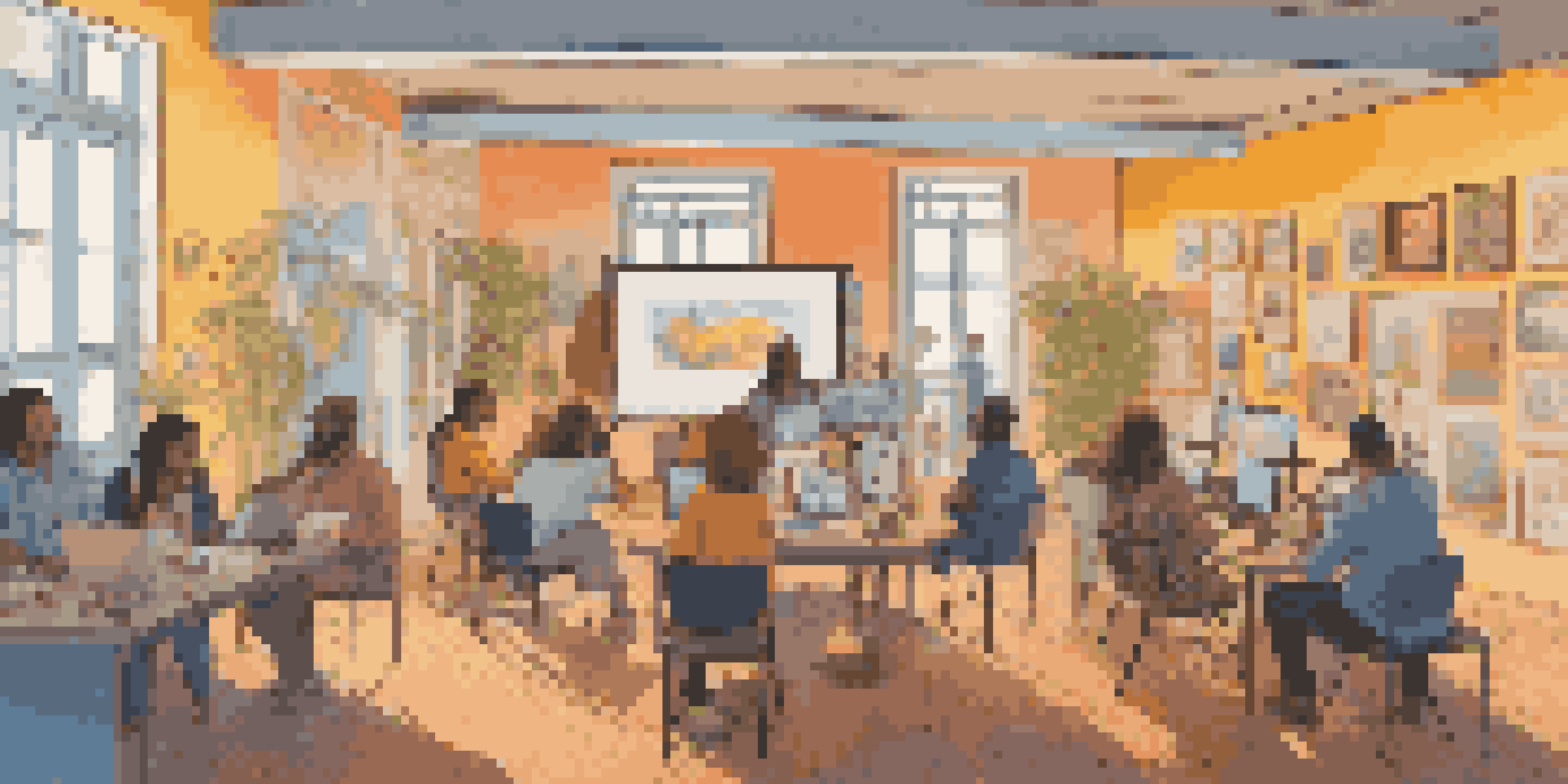An online art club meeting with diverse artists sharing their work in a cozy virtual environment, highlighting a variety of artwork and warm lighting.