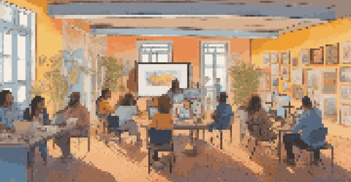 An online art club meeting with diverse artists sharing their work in a cozy virtual environment, highlighting a variety of artwork and warm lighting.