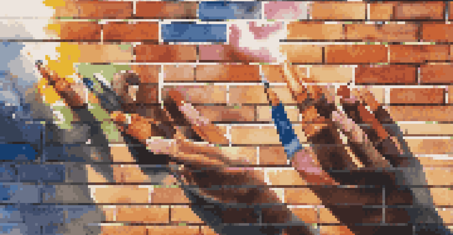 An artist's hands painting a colorful political mural on a brick wall, surrounded by paint tubes and brushes, with sunlight creating dynamic shadows.