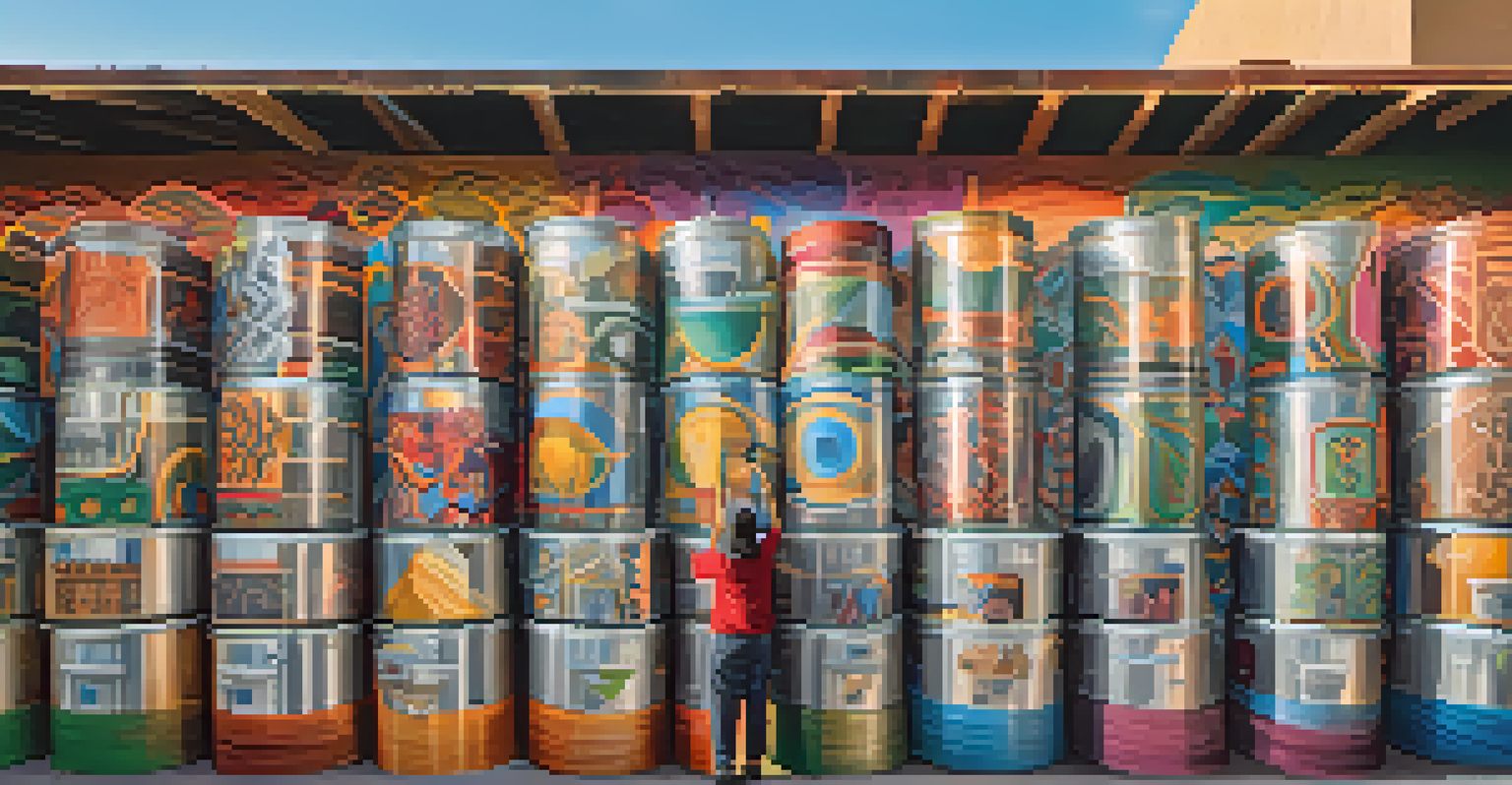 An artist at work on a colorful mural, surrounded by paint cans in an urban environment.