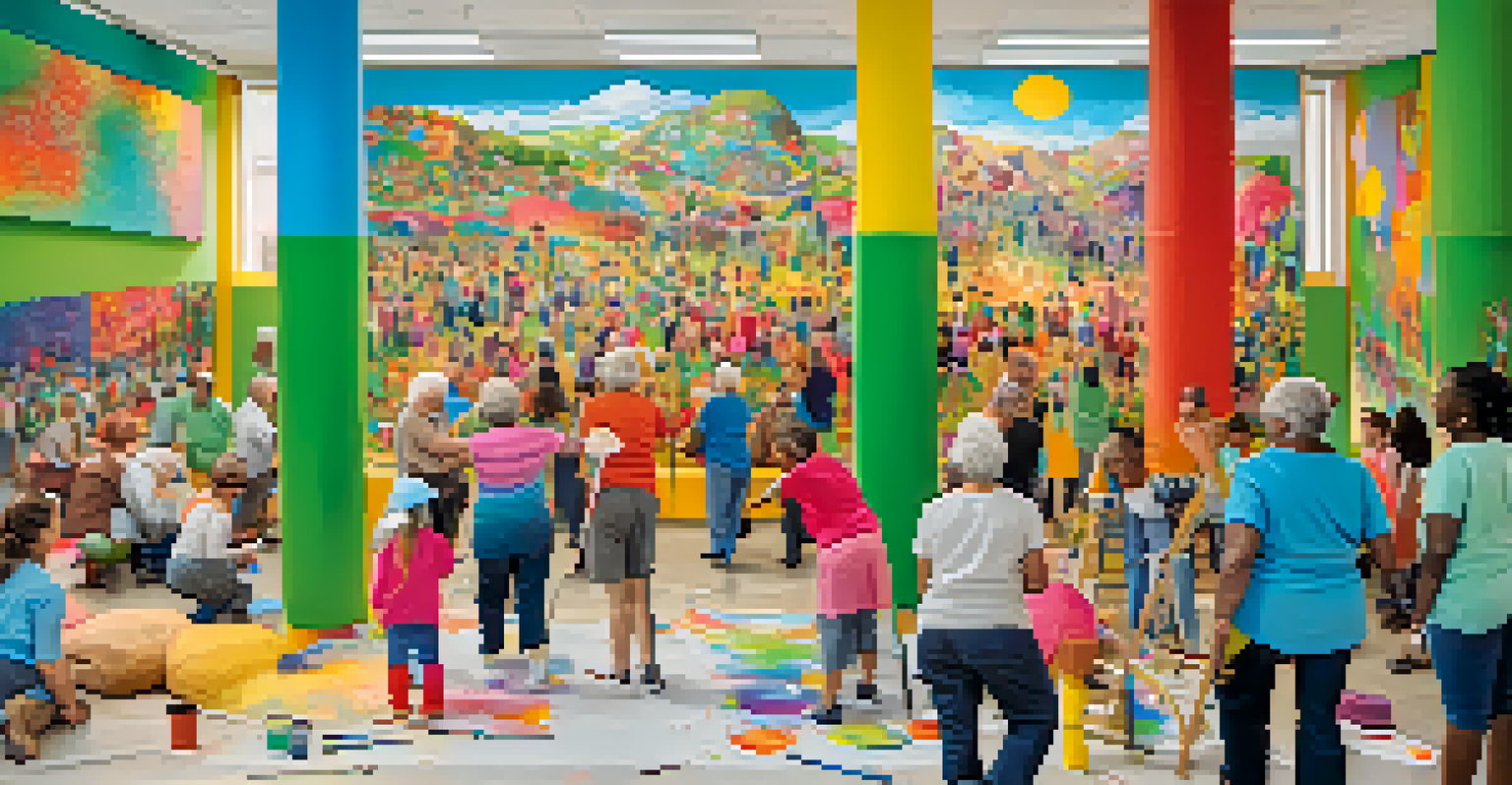 A community art workshop with older adults and children painting a large mural together, filled with bright colors and laughter.