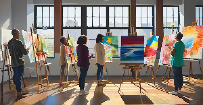 A group of diverse individuals in a sunlit room engaged in painting during an art therapy session, surrounded by colorful artwork.