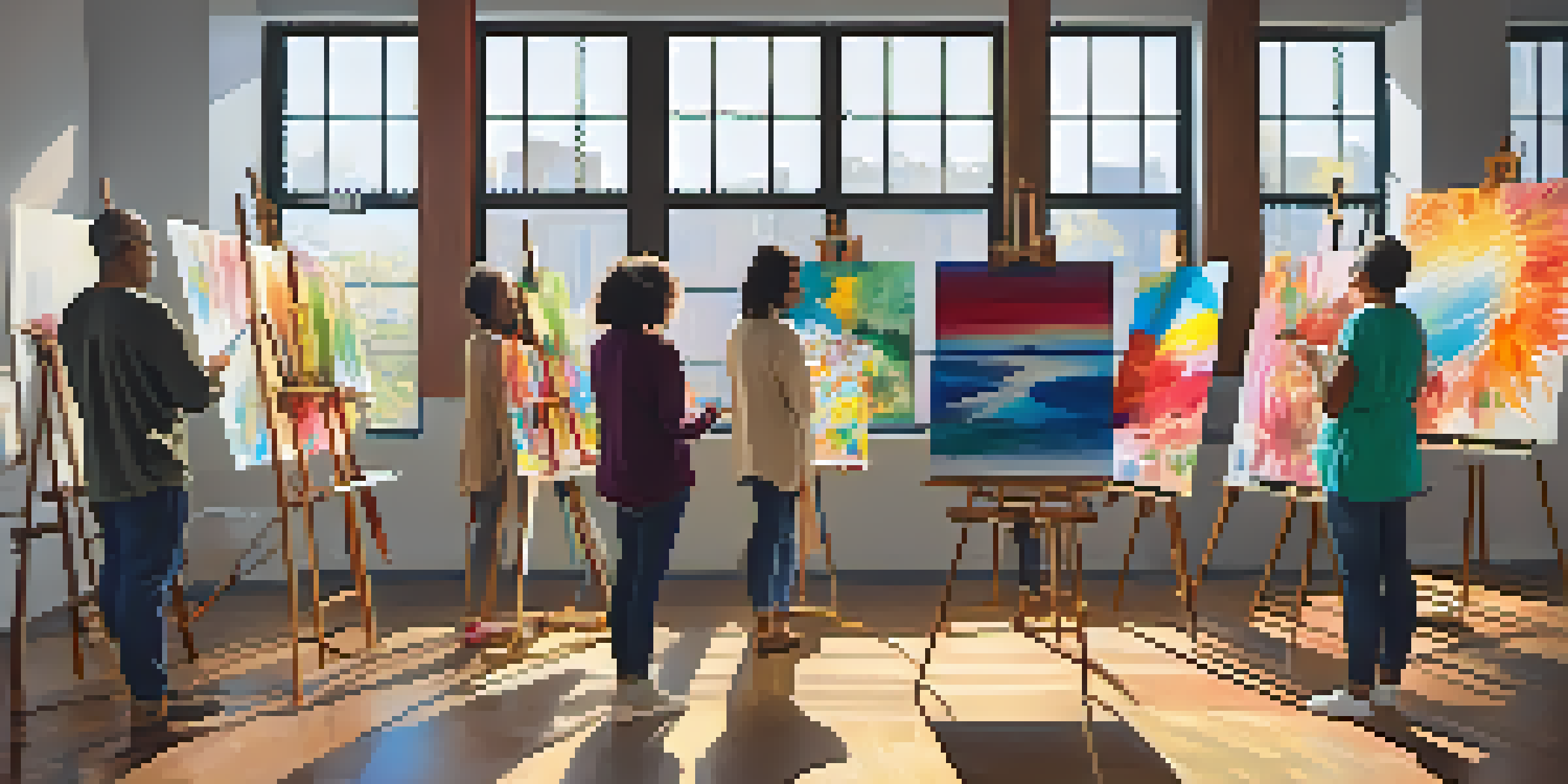 A group of diverse individuals in a sunlit room engaged in painting during an art therapy session, surrounded by colorful artwork.