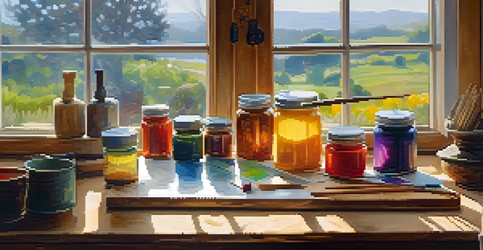 A cozy encaustic painting workspace with a hot plate, jars of pigments, and beeswax on a wooden table, illuminated by warm natural light.