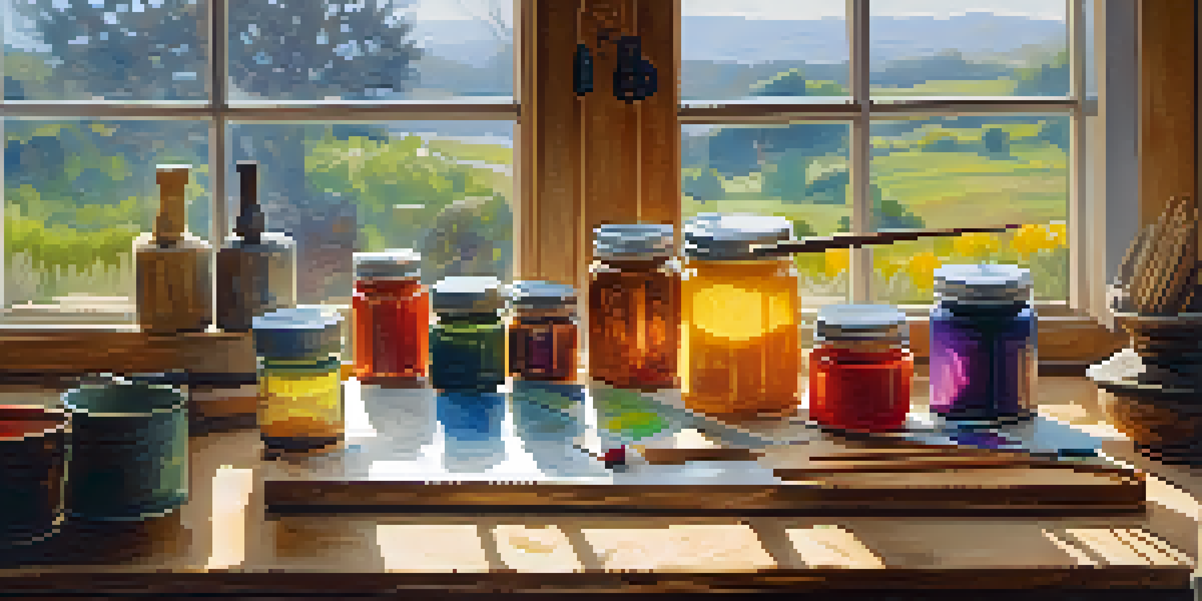 A cozy encaustic painting workspace with a hot plate, jars of pigments, and beeswax on a wooden table, illuminated by warm natural light.