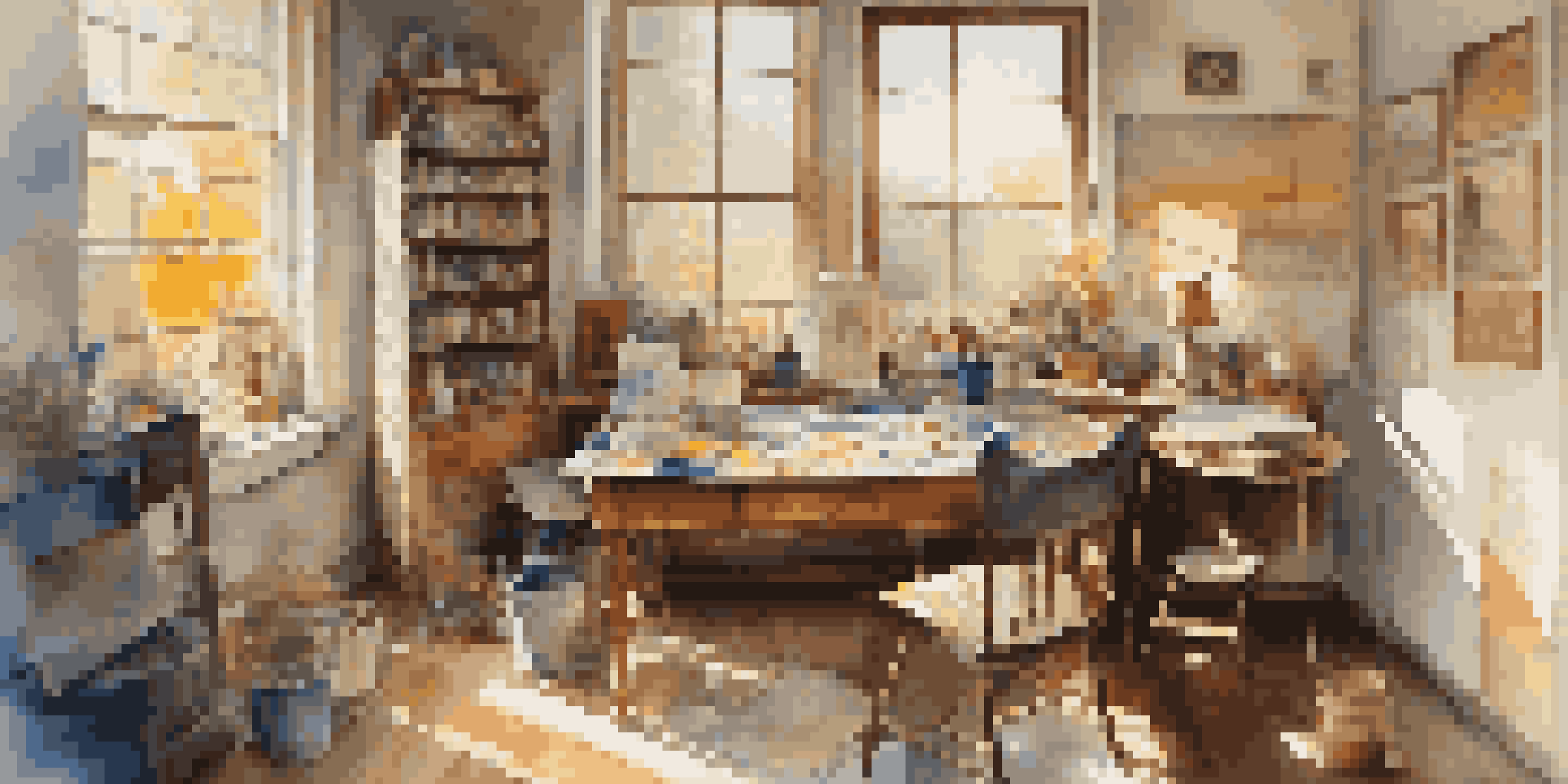 An artist's studio filled with natural light, showcasing a wooden table with paints and a canvas, colorful paintings on the walls, and a cozy armchair.