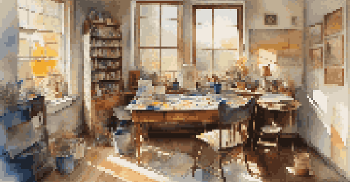 An artist's studio filled with natural light, showcasing a wooden table with paints and a canvas, colorful paintings on the walls, and a cozy armchair.