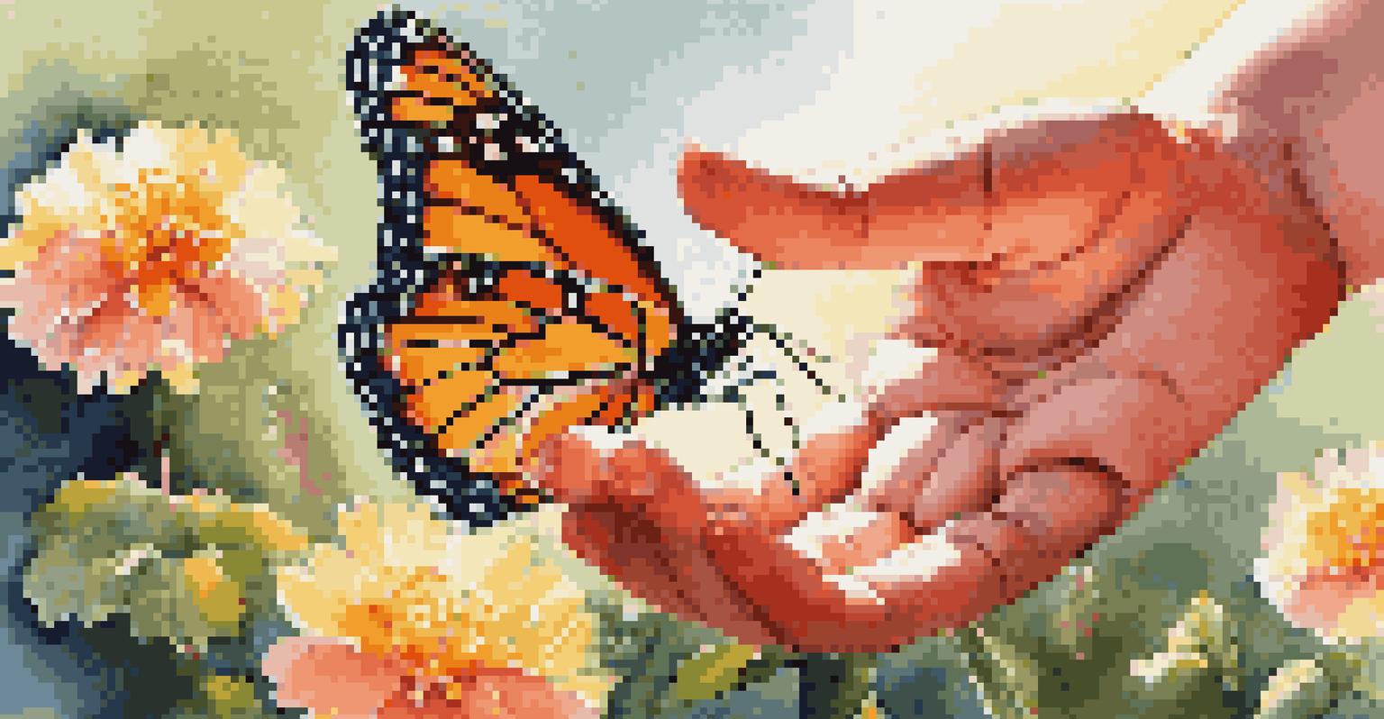 A child's hand reaching for a butterfly on a flower in a sunny garden.