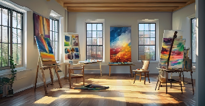 A bright art studio with colorful canvases, brushes, and natural light illuminating the space, creating a peaceful atmosphere for creativity.
