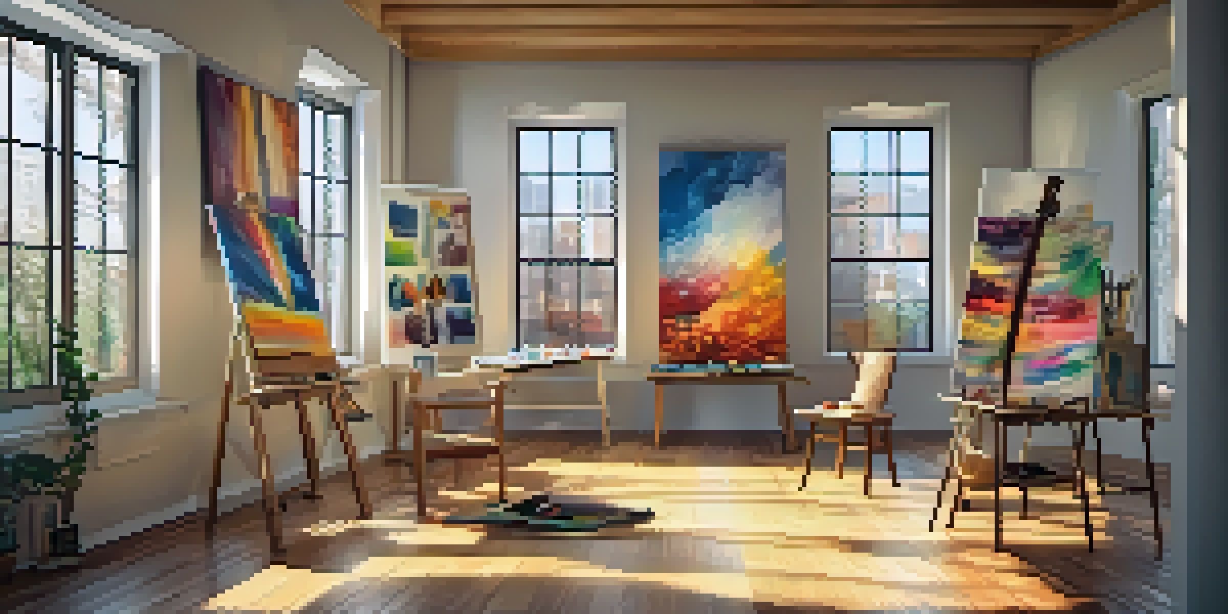 A bright art studio with colorful canvases, brushes, and natural light illuminating the space, creating a peaceful atmosphere for creativity.