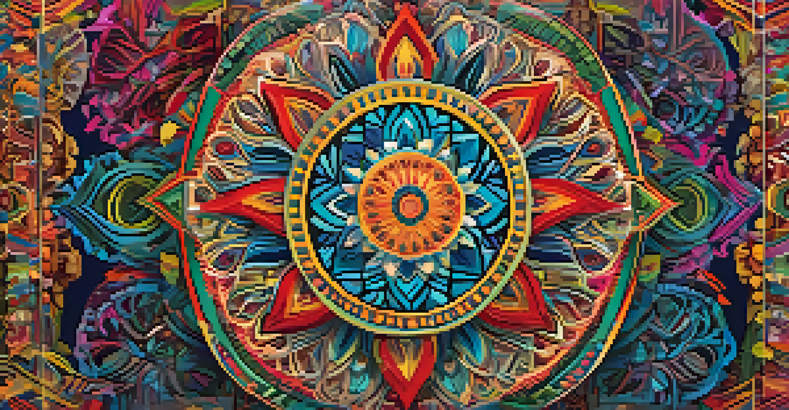 An abstract digital art piece featuring cultural motifs and symbols in vibrant colors and patterns.