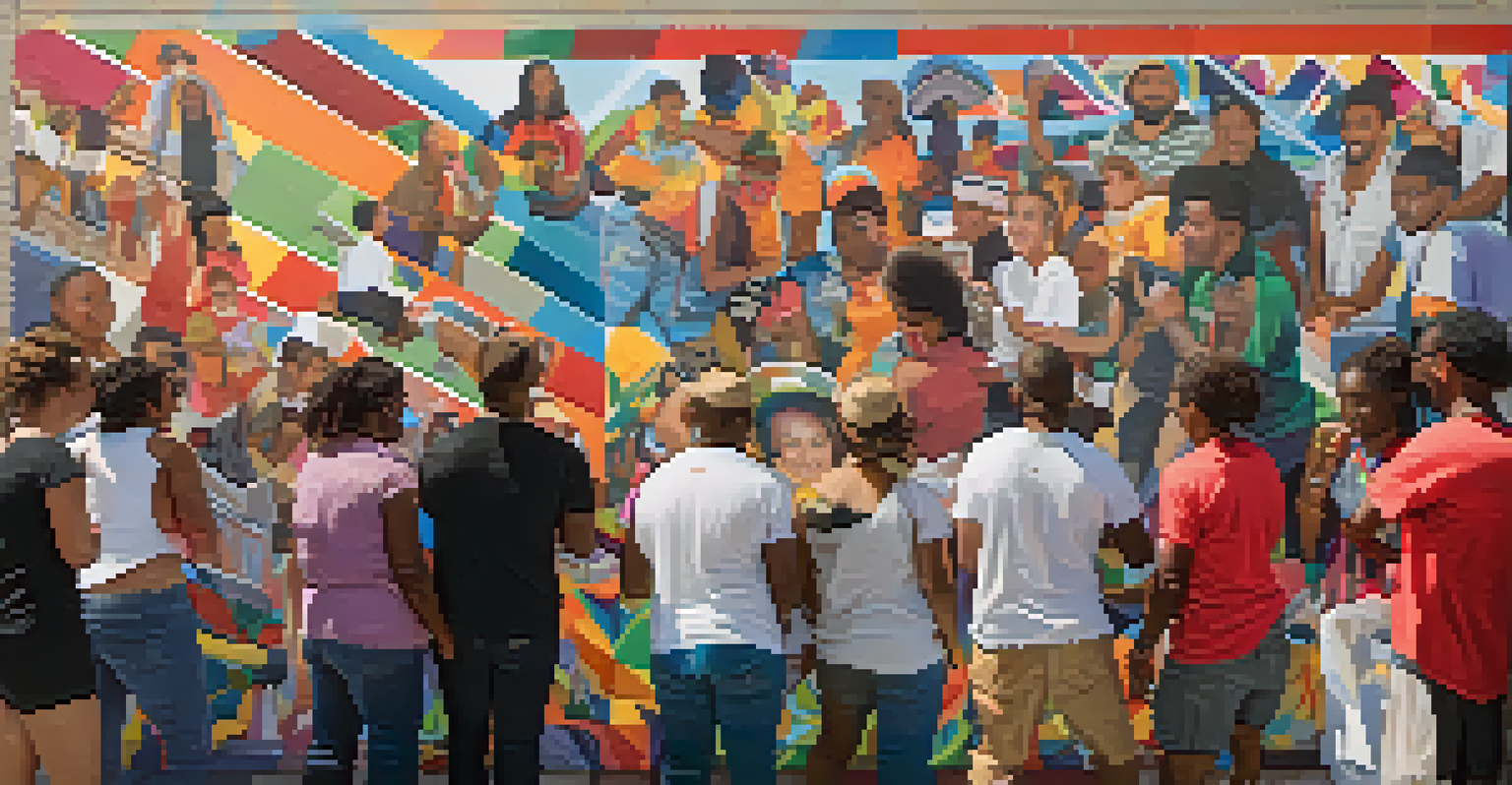A lively community mural project where artists of different backgrounds are creating a colorful mural together, with spectators watching.