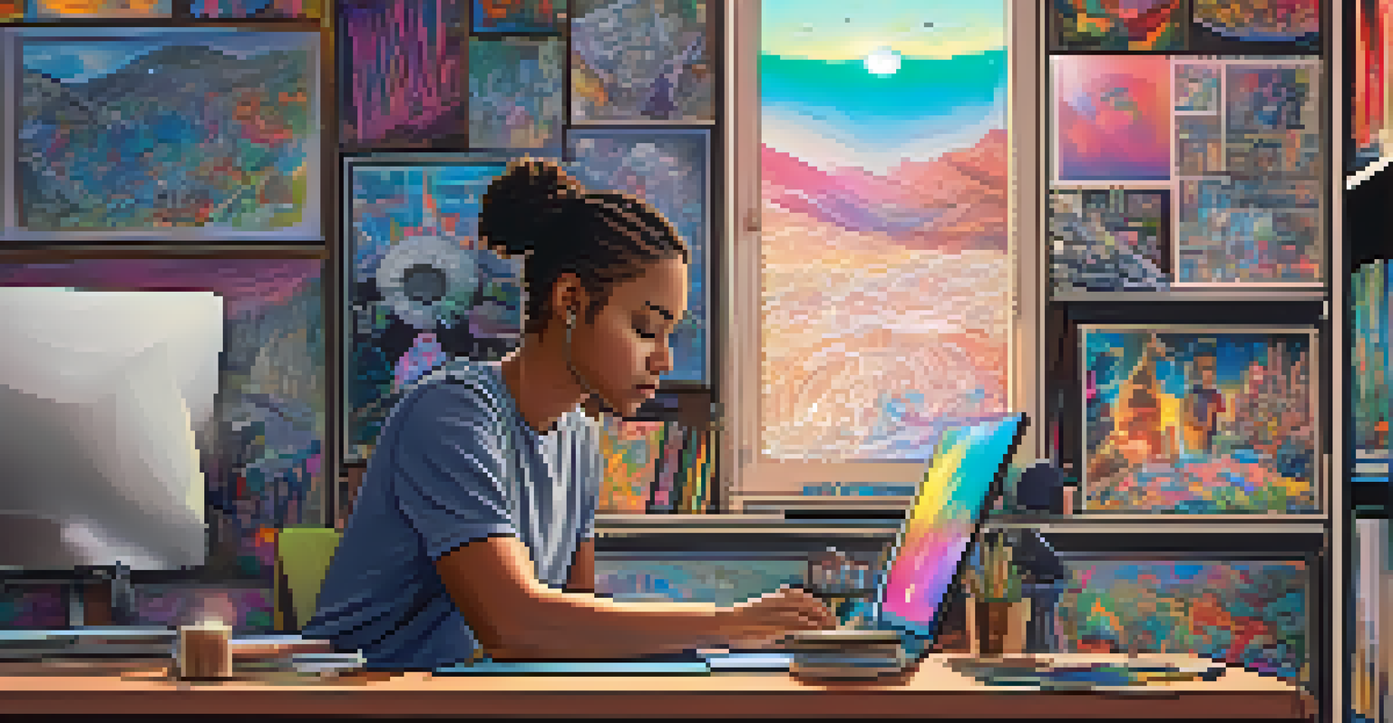 A young artist working at a digital workstation, creating art focused on social justice, surrounded by colorful art supplies and motivational posters.