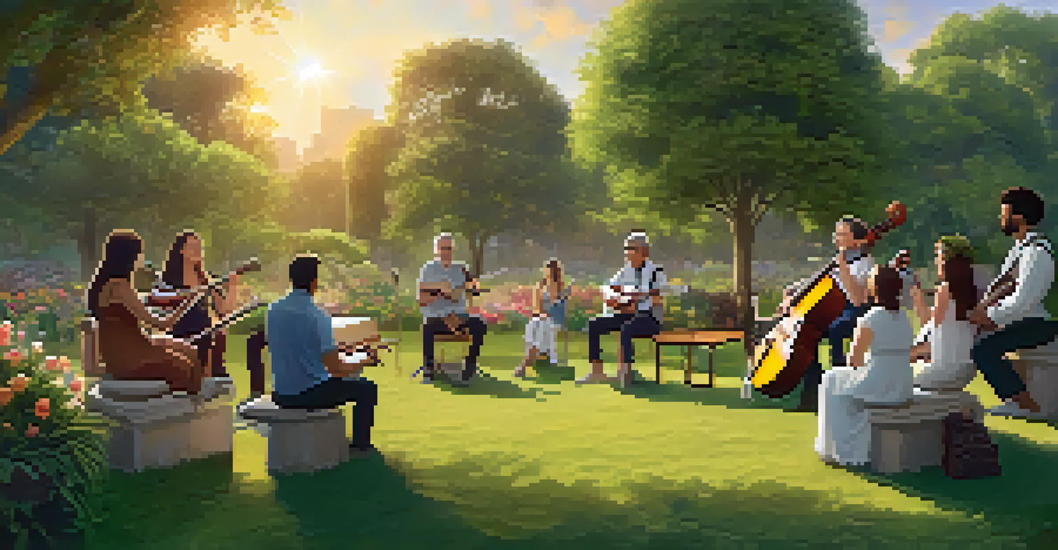 A group of diverse individuals in a park, engaged in a music therapy session, playing instruments and singing together as the sun sets.