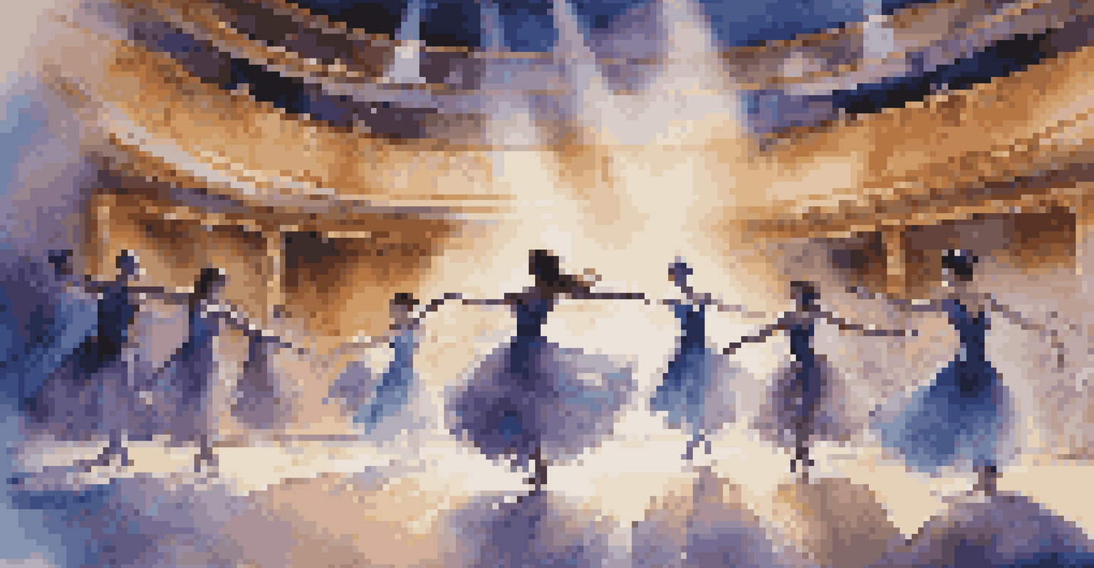 Dancers in flowing costumes performing on a modern theater stage, illuminated by soft blue and purple lights.