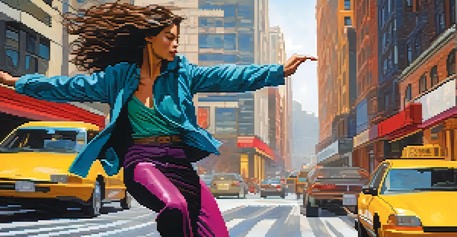 A graphic novel character in an action pose against a colorful urban background, with dynamic movement and bold lines.