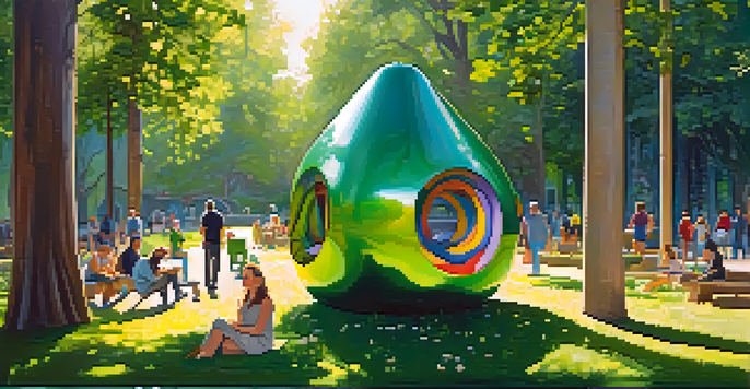 A peaceful park scene showcasing eco-art sculptures made from recycled materials, surrounded by colorful wildflowers and trees, with sunlight filtering through the leaves.
